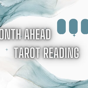 May include: A graphic with the text "MONTH AHEAD TAROT READING" in white text on a light blue and white background. Four blue rectangular shapes are arranged horizontally in the upper right corner of the image.