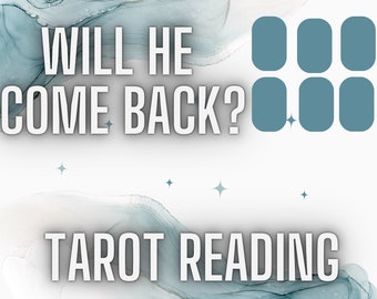 May include: Will he come back? Tarot reading with a blue background and white text. There are 6 blank blue squares on the right side of the image.