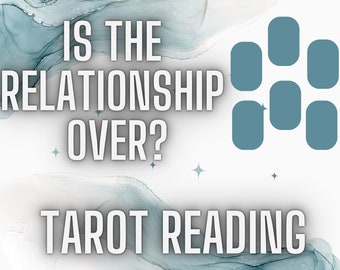 May include: A tarot card reading spread with the question "Is the relationship over?" written in white text on a blue and white background. The spread is made up of nine cards, each represented by a blue rectangle.