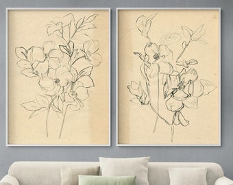 Contour Flower Sketch I and II by Jennifer Paxton Parker, Botanical Line Art Decor, Floral Sketch Poster Print, Set of 2 Flower Drawings art