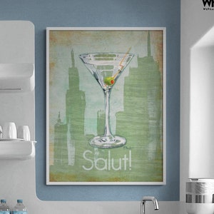 Impresión de ilustración de martini con cóctel de aceitunas, póster de aceitunas, arte mural para la entrada del bar de un restaurante de martini, impresión de martini sucio