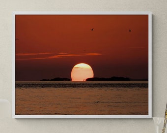 Twilight Sky Romantic Hotel Bedroom Photography, Beach Sunset Photo, Orange Sky Print, Tropical Landscape Summer House Decor