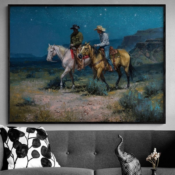 Night Riders by Jack Sorenson, Two Cowboys Painting Print, Night Scene Print, Cowboy Riding Horse Art,Western Painting Print,Farmhouse Decor