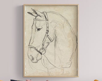 Horse in Bridle sketch II by Jennifer Parker, Framed Animal Sketch Print, Horse Drawings Print, Equestrian Wall Decor, Cowboy Sketch Print