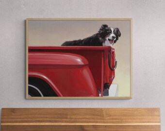 Classic Farm Dog Border Collie Poster, American Red Farm Truck Dog Painting Print, Black and White Dog Painting Poster Print