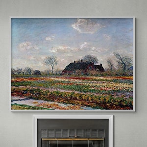 Tulip Field Landscape Wall Art, Floral Oil Painting Reproduction Print, Colorful Tulip Flower Wall Decor, Framed Botanical Artwork