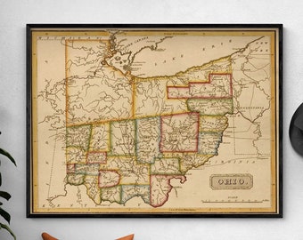 Ohio 1817, Large Ohio Map, Antique Ohio Gift Map, Rustic USA State Map Print, Small Farmhouse Home Office Decor Idea, USA Wall Art