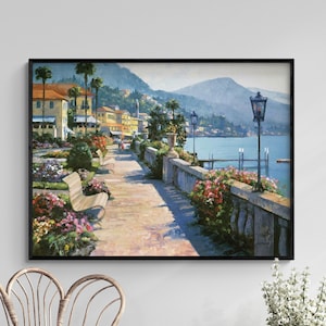 Bellagio Promenade by Howard Behrens, Lake Como Painting Print, Italian City Poster Print, Gift for Nonna, Romantic Gift Idea