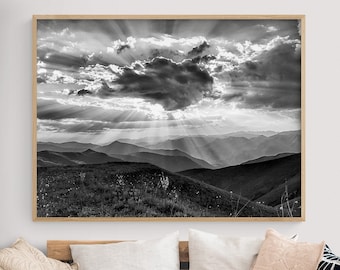 Skys The Limit by Marcus Prime, Cloudy Sky Picture Print, Black and White Relaxing Spa Wall Decor, Nature Landscape Photography Print