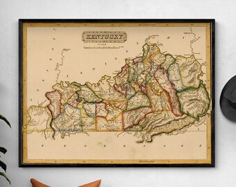 Kentucky 1817, Old KY Map Poster Print, Rustic USA Map Wall Art, Kentucky Shcool Hallway Decor, USA Poster Print, Small Office Art