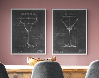 Set of 2 Cocktail Glasses Prints, Martini Glass Wall Art Print, Margarita Glass Drawings, Black and Wite Cocktails Drawings, Framed Wall Art