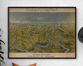 Birds eye view of Kentucky and Tennessee 1862, Antique Kentucky Poster, Vintage Tennessee Decor, Rustic Living Room Art, Fireplace Decor