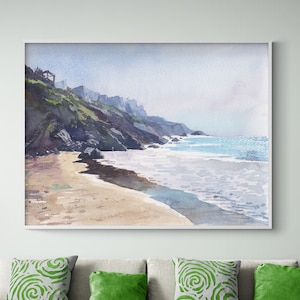 Coastal Landscape Painting Print, Framed Seaside Wall Art, Natural Beach Decor, Tropical Landscape Print, Sea Art Print, Framed Wall Art