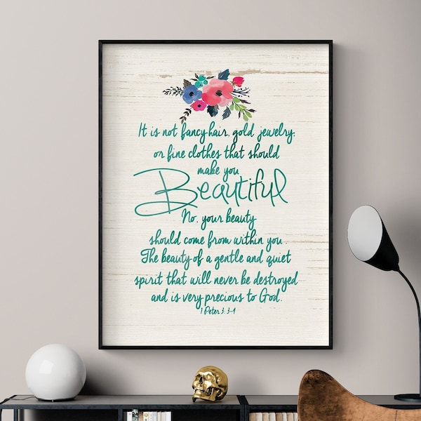 Precious to God by Jo Moulton, Framed 1 Peter 3:3-4 Print, Motivational Floral Bible Sign Print, Beach Chalet Decor, Rustic Floral Art