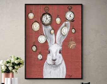 Rabbit Time, Framed White Bunny Poster, Clock Wall Decor, Rabbit Poster Print, Living Room Wall Art, Animal Kitchen Poster Print