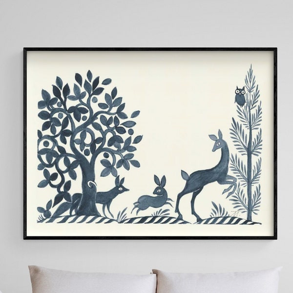 Forest Life VIII by Miranda Thomas, Small Animal Decor, Extra Large Forest Decor, Navy Blue Nature Artwork, Rabbit Wall Art, Deer Print