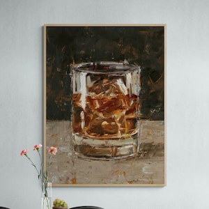 Whiskey On The Rocks Painting Print, Framed Whiskey Glass Art, Strong Liquor Art, Bar Art Print, Whiskey Lover Gift, Framed Wall Art