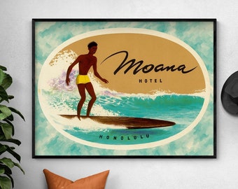 Retro Honolulu Airbnb Tropical Poster Print, Surfboard Store Wall Art, Hawaii Hotel Reception Artwork, Moana Poster Print