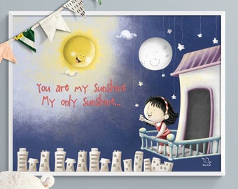 You Are My Sunshine Print, Framed Kids Wall Decor, Modern Nursery Decoration, Day and Night Wall Art, Sun Wall Decor, Moon Wall Art