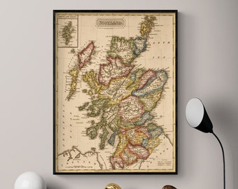 Scotland 1817, Antique Scotland Map, Historic European Maps, Old Scottish Map Print, Rustic Historical Scotland Map Poster Print
