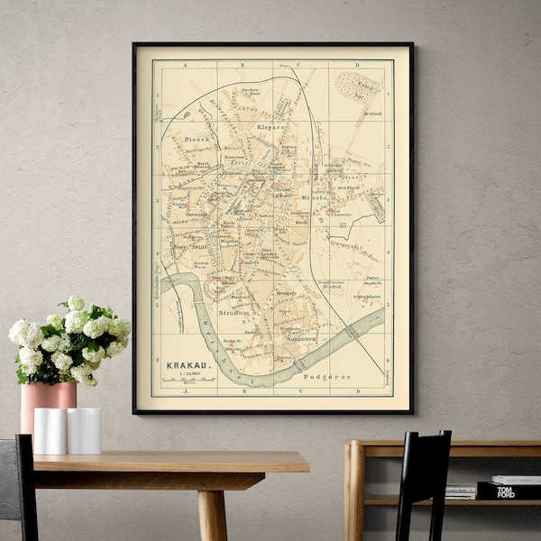 Europe Krakow Poland - Baedeker 1896, Map of Poland Wall Art, Old Map Of Europe, European Home Office Decor, Large Poland Poster