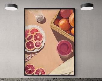 Grapefruit Slices Illustration Print, Critrus Wall Art, Pink Grapefruit Decor, Grapefruit Theme Kitchen Remodel, Pink Fruit Print