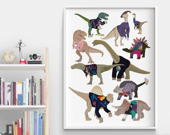 80s Themed Dinosaurs Illustration Poster Print, Stegosaurus Funny Poster, Brachiosaurus Illustration Kids Bedroom Wall Art