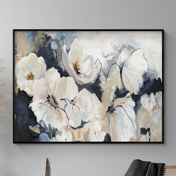 White Flower Painting Print Birthday Gift Idea, Abstract Flowers Painting Poster Print, White Flower Petals Blooming Print