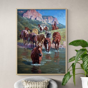 The Crossing by Jack Sorenson, Brown Horses Painting, Western Scenery Print, Cowboy Art Print, Wild West Poster, Wild Horses Art
