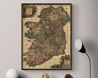 Ireland 1750, Antique Map Of Ireland, Irish Wall Art, Irish Poster Print, Rustic Office Antique Wall Decor, Old Continent Map Print