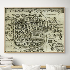 Modern Antique Map of Jerusalem, Religious House Decor, Holy Land Poster, Biblical Places Map Prints, Church Wall Art,Christian Entryway Art Natural Frame