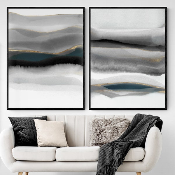 Golden Mountain Grey Abstract Nature Wall Art, Husband Home Studio Decor Idea, Wife Office Wall Art, Metallic Home Decor