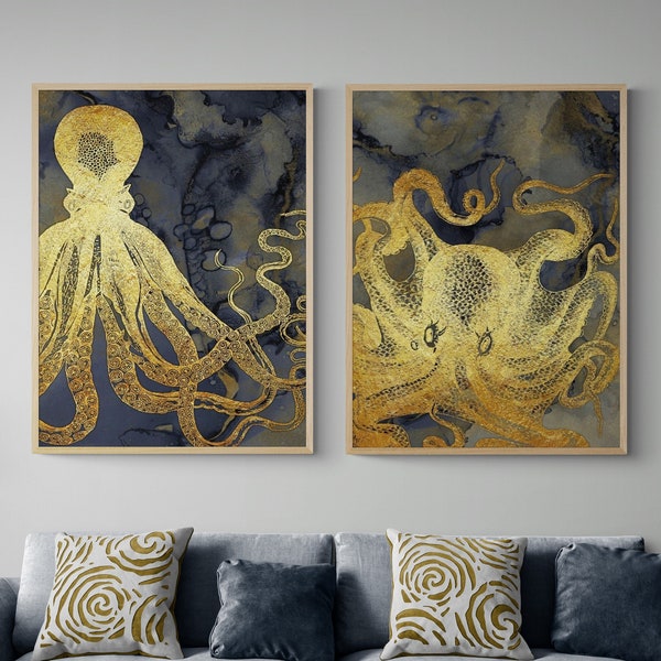 Set of 2 Octopuses Wall Art Prints, Framed Gold Octopus Wall Decor, Deep Ocean Wall Decor Print, Framed Wall Art, Oversized Wall Art