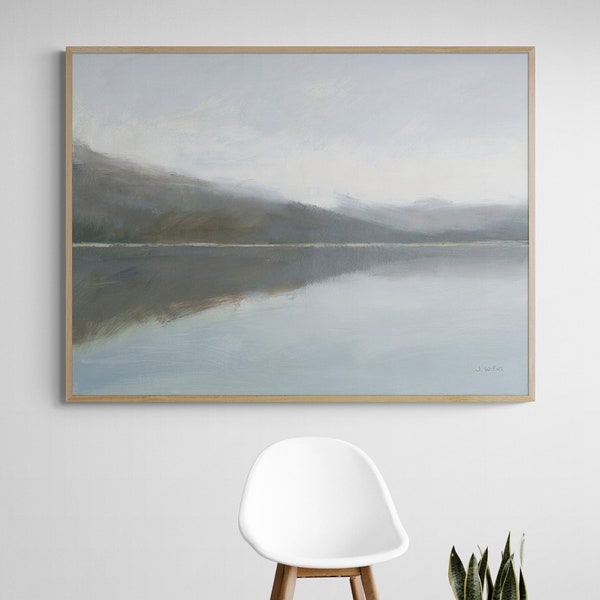 Lake View Painting Print, Framed Cold Tones Landscape Print, Calm Lake Painting, Lake House Decor, Scenic Lake Painting, Framed Wall Art