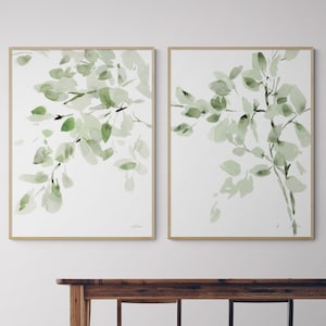 Green Watercolor Leaves Print, Set of 2 Framed Watercolor Painting Print, Botanical Wall Decor, Framed Wall Art, Oversized Wall Art