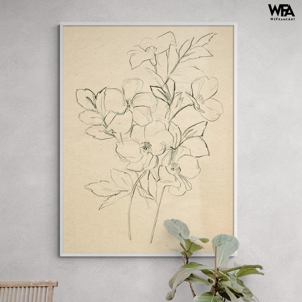 Framed Flower Drawing Print, Floral Sketch Wall Art, Botanical Line Art Print, Delicate Plants Print, Nature Wall Art, Framed Wall Art