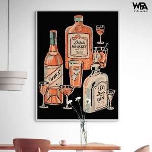 Liquor Bottles Poster Print, Framed Gin Bottle, Whiskey Wall Art, Wine Lover Gift, Booze Poster Print, Bar Cart Art, Framed Wall Art