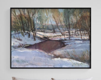 Winters Last Impression by Stephen Calcasola, Forest Over Fireplace Painting Print Decor, Snowy Landscape Wall Art, Rustic Winter Art