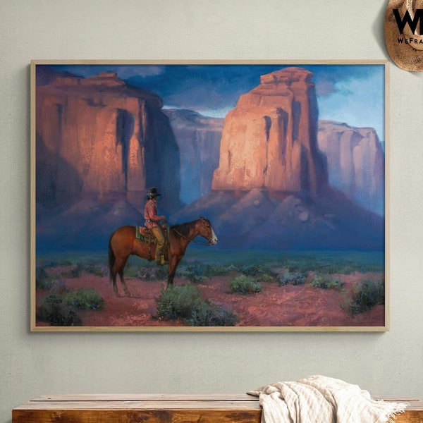 Cowboy Oil Painting Print, Framed Desert Landscape Painting, Rodeo Wall Decor, Modern Farmhouse Decoration, Horse Wall Decor,Nature Wall Art