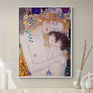 Mother and Chid by Gustav Klimt, Framed Motherhood Painting Print, Mom Holding Baby Art Print, Baby Wall Art, I Love Mom Art,Framed Wall Art