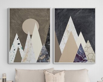 Peaks I and II by Design Fabrikken, Geometric Mountains Abstract Decor, Day Night Mountain Landscape Neutral Decor Idea