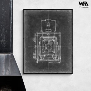 Antique Camera Blueprint, Framed Old Camera Decor, Black and White Camera Lover Wall Prints, Vintage Camera Print, Chalkboard Wall Decor