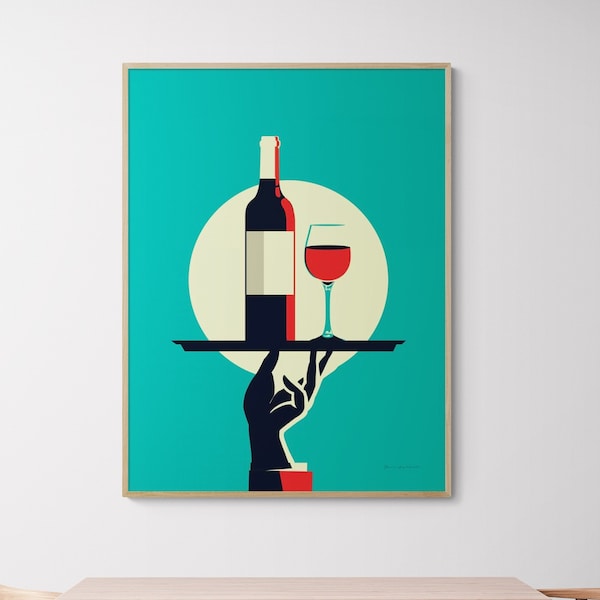 Red Wine Happy Hour Bar Art, Minimalist Colorful House Mini Bar Cart Decor, Wine Glass Modern Restaurant Painting Reception Decor