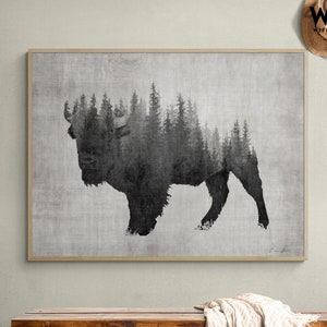 Large Bison Art Print, Framed Abstract Forest Print, American Bison Print,Steppe Bison Art,Cowboy Wall Art,Dark Forest Print,Framed Wall Art