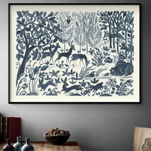 Forest Life II by Miranda Thomas, Navy Blue Forest Print, Forest Animals Wall Art, Wild Animal Print, Rabbit Painting Print