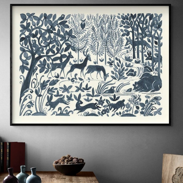 Forest Life II by Miranda Thomas, Navy Blue Forest Print, Forest Animals Wall Art, Wild Animal Print, Rabbit Painting Print