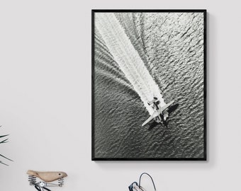 Vintage Black and White Ocean Photography Print, Airplane Photo Wall Art, Vintage Printable Wall Art Photography