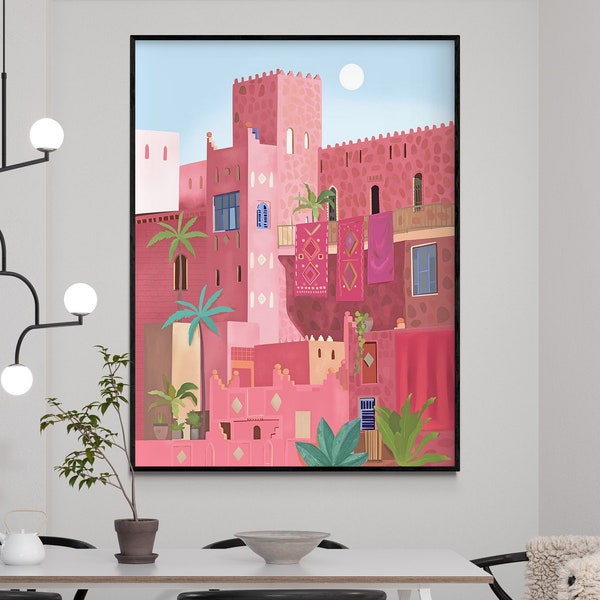 Kashbah by Petra Lizde, Arabian Inspired Beautiful Artwork Print, Pink Arabic Building Home Decor Idea, Magical Lands Poster