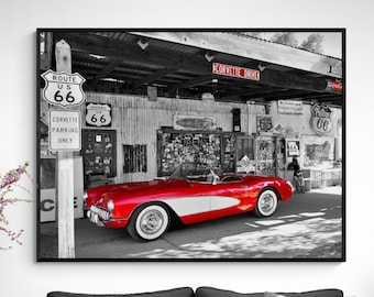 Red Corvette Photography Print, Framed Vintage Car Art, Retro Car Photo,Corvette Poster Print,Route 66 Print,Classic Car Art,Framed Wall Art