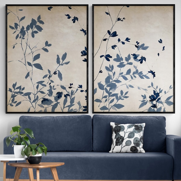 Set of 2 Navy Blue Leaves Wall Prints, Framed Twig Wall Decor, Blue Tone Nature Painting Print, Framed Wall Art, Oversized Wall Art